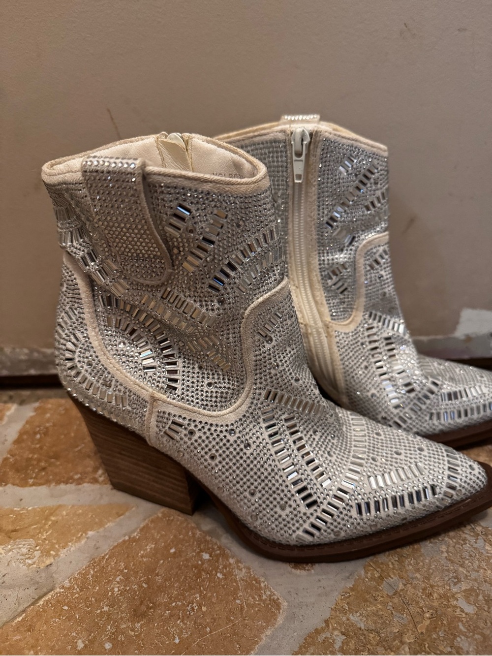 Buckle White Embellished Western Ankle Boots